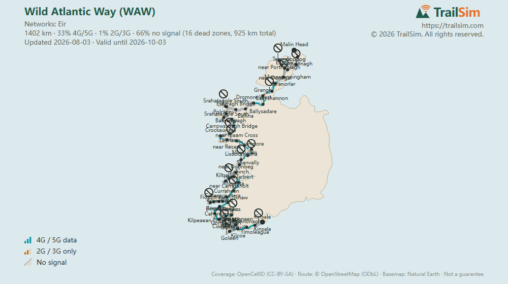 Coverage map of Wild Atlantic Way (WAW): signal, weak signal and dead zones along the route