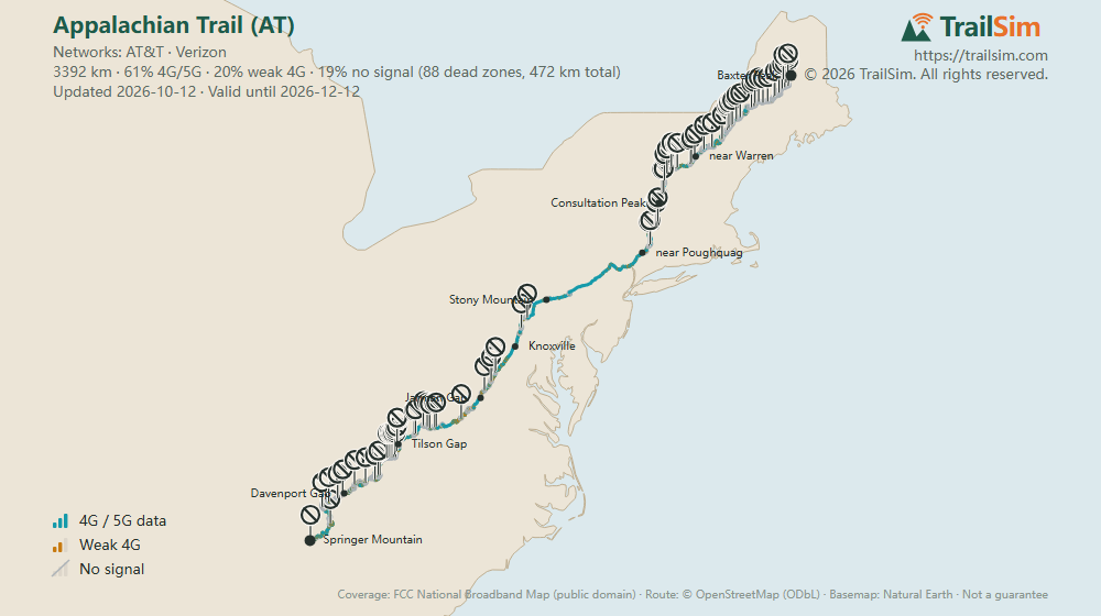 Coverage map of Appalachian Trail (AT)