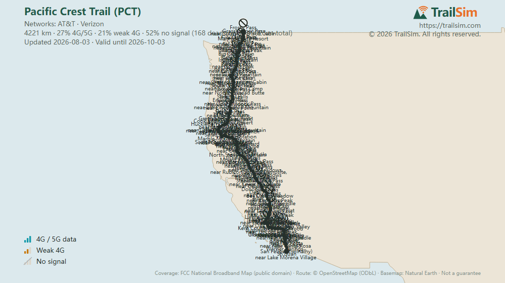 Coverage map of Pacific Crest Trail (PCT)