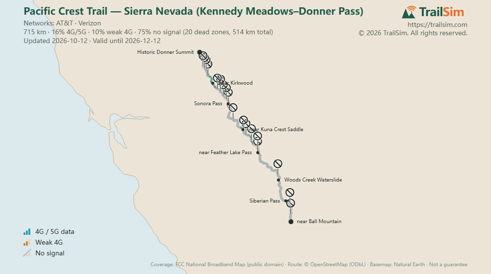 Coverage map of Pacific Crest Trail — Sierra Nevada (Kennedy Meadows–Donner Pass): signal, weak signal and dead zones along the route