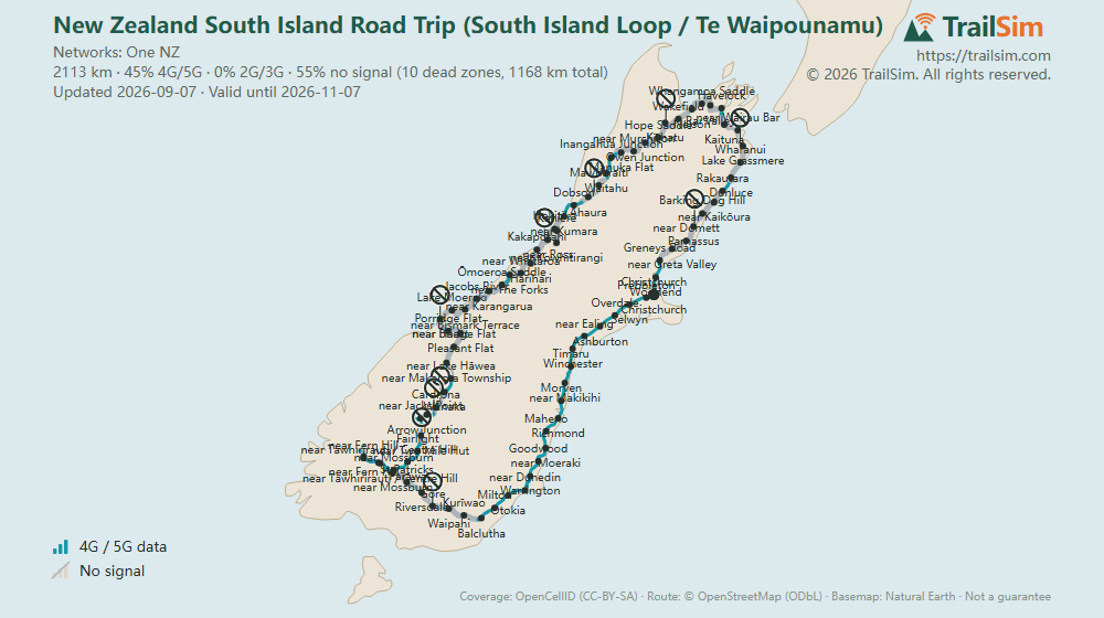 Coverage map of New Zealand South Island Road Trip (South Island Loop / Te Waipounamu): signal, weak signal and dead zones along the route
