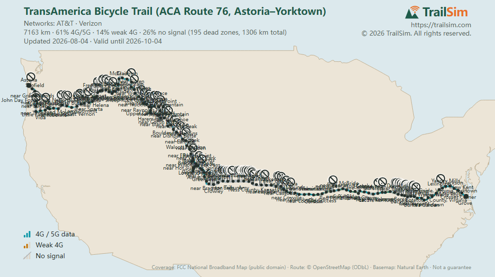 Coverage map of TransAmerica Bicycle Trail (ACA Route 76, Astoria–Yorktown)