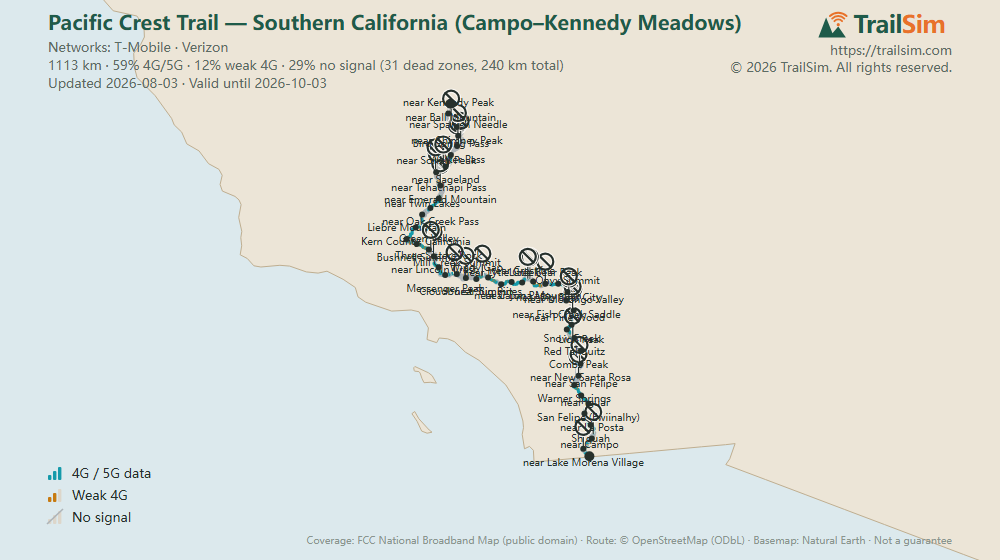 Coverage map of Pacific Crest Trail — Southern California (Campo–Kennedy Meadows)