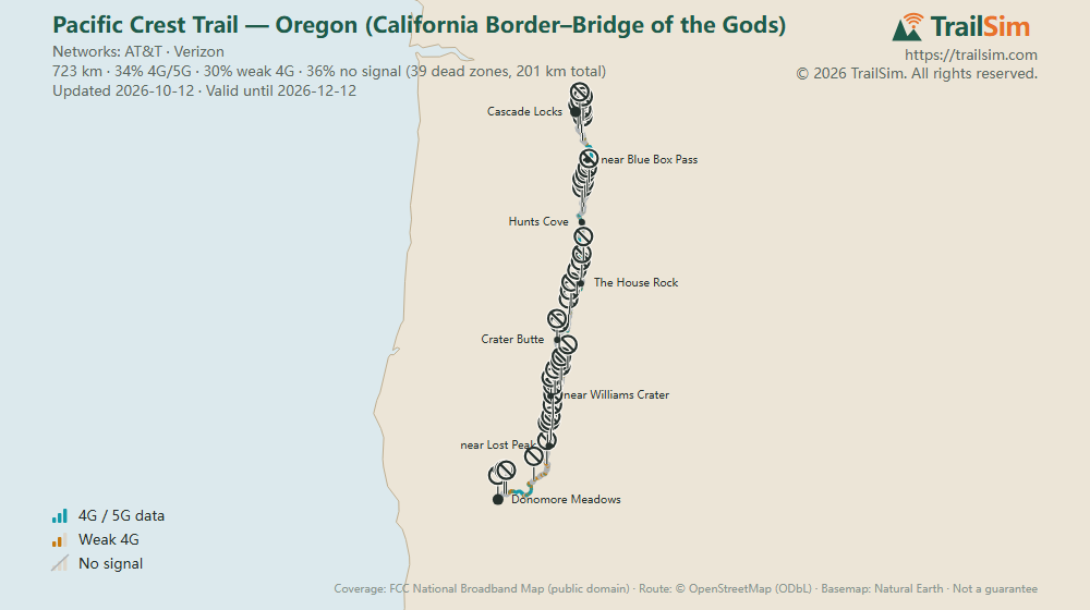Coverage map of Pacific Crest Trail — Oregon (California Border–Bridge of the Gods)