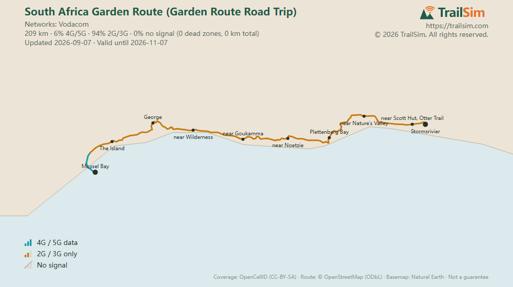 Coverage map of South Africa Garden Route (Garden Route Road Trip): signal, weak signal and dead zones along the route