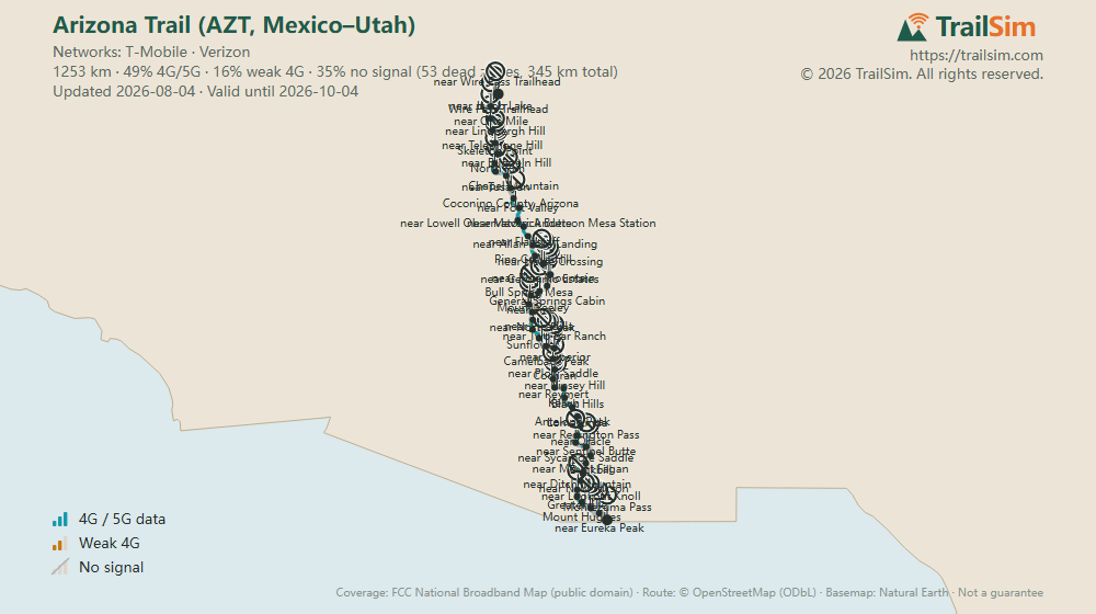 Coverage map of Arizona Trail (AZT, Mexico–Utah)