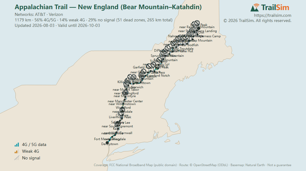 Coverage map of Appalachian Trail — New England (Bear Mountain–Katahdin)