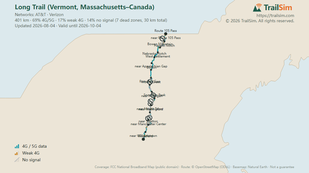 Coverage map of Long Trail (Vermont, Massachusetts–Canada): signal, weak signal and dead zones along the route