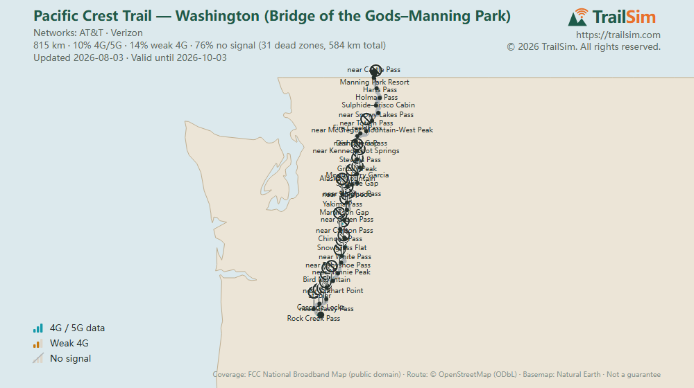 Coverage map of Pacific Crest Trail — Washington (Bridge of the Gods–Manning Park): signal, weak signal and dead zones along the route