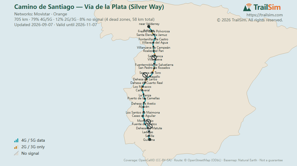 Coverage map of Camino de Santiago — Vía de la Plata (Silver Way): signal, weak signal and dead zones along the route