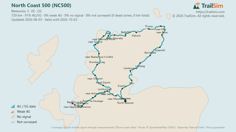 Coverage map of North Coast 500 (NC500): signal, weak signal and dead zones along the route
